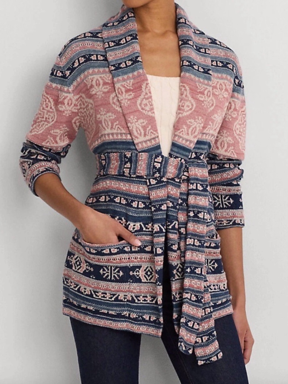LAUREN Ralph Lauren Black Label Geo-Motif Belted Linen-Cotton Cardigan Size Pet